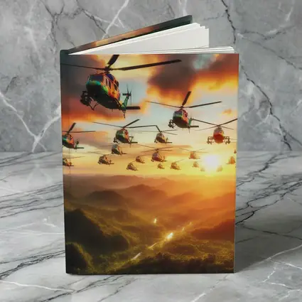 Military Helicopters Flying Over Jungle Sunset