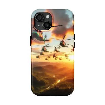 Military Helicopters Flying Over Jungle Sunset