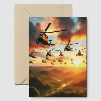 Military Helicopters Flying Over Jungle Sunset