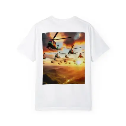 Military Helicopters Flying Over Jungle Sunset