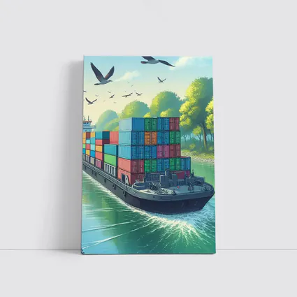 Container Ship Sailing Green Canal Illustration