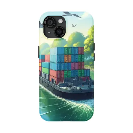 Container Ship Sailing Green Canal Illustration
