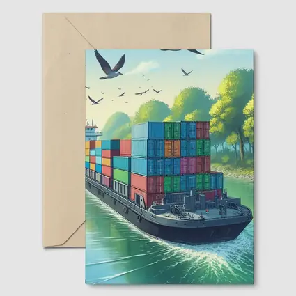 Container Ship Sailing Green Canal Illustration