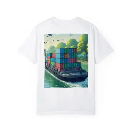Container Ship Sailing Green Canal Illustration