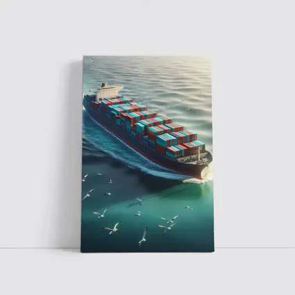 Container Ship Sailing Teal Ocean With Seagulls