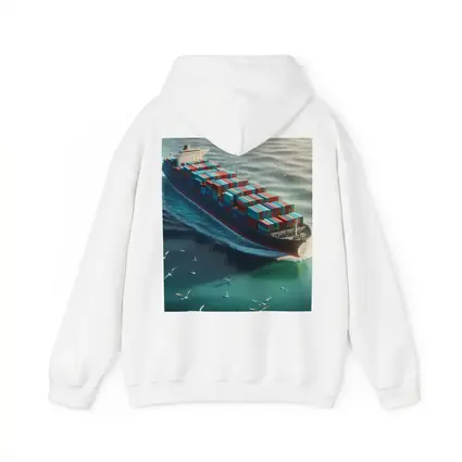 Container Ship Sailing Teal Ocean With Seagulls