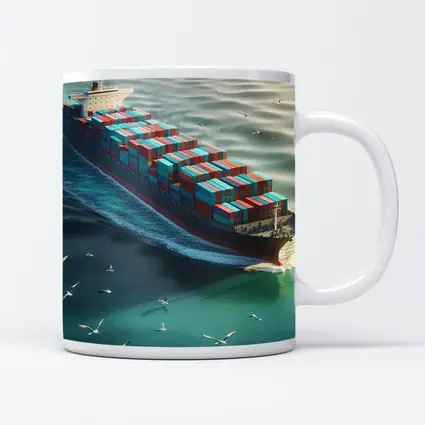 Container Ship Sailing Teal Ocean With Seagulls