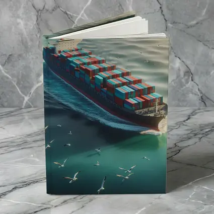 Container Ship Sailing Teal Ocean With Seagulls