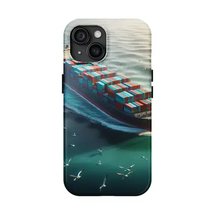 Container Ship Sailing Teal Ocean With Seagulls