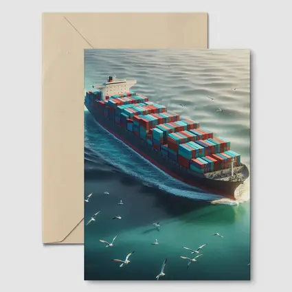 Container Ship Sailing Teal Ocean With Seagulls