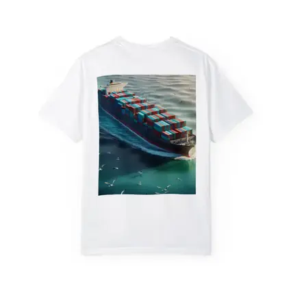 Container Ship Sailing Teal Ocean With Seagulls