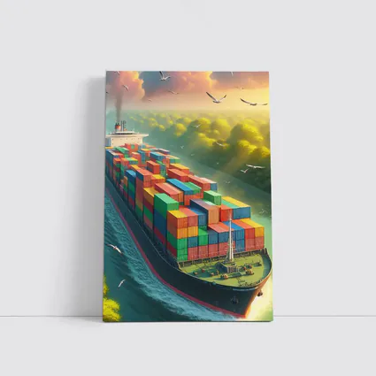 Container Ship Sailing Through Green Canal