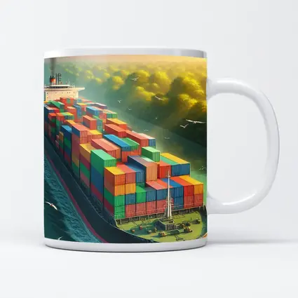 Container Ship Sailing Through Green Canal