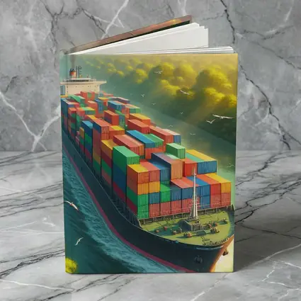 Container Ship Sailing Through Green Canal