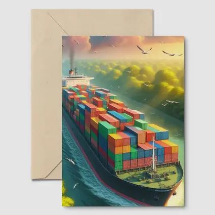 Container Ship Sailing Through Green Canal
