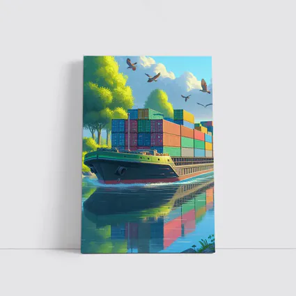Container Ship Sailing River Colorful Cartoon Art