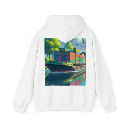 Container Ship Sailing River Colorful Cartoon Art