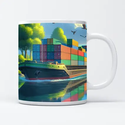 Container Ship Sailing River Colorful Cartoon Art