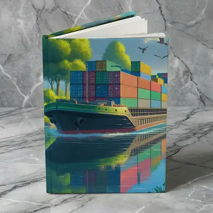Container Ship Sailing River Colorful Cartoon Art