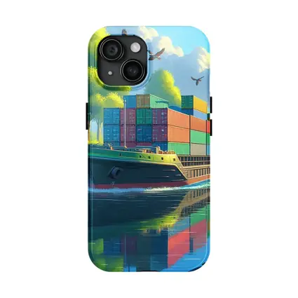 Container Ship Sailing River Colorful Cartoon Art