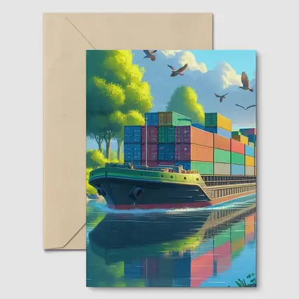 Container Ship Sailing River Colorful Cartoon Art