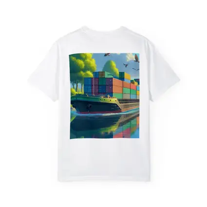 Container Ship Sailing River Colorful Cartoon Art