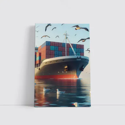 Container Ship Sailing With Seagulls Above