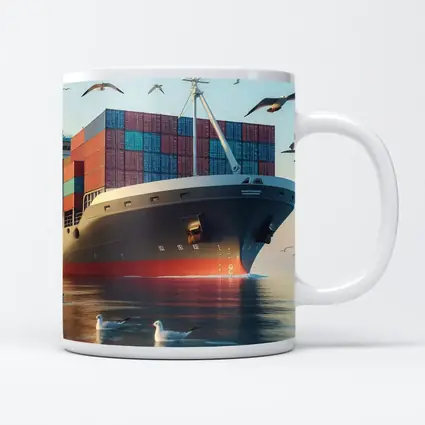Container Ship Sailing With Seagulls Above