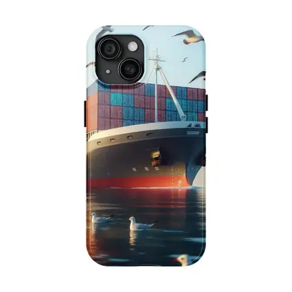 Container Ship Sailing With Seagulls Above