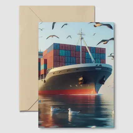 Container Ship Sailing With Seagulls Above