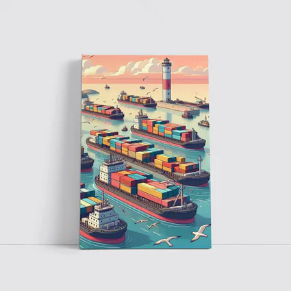 Container Ships Busy Harbor Lighthouse Cartoon Art