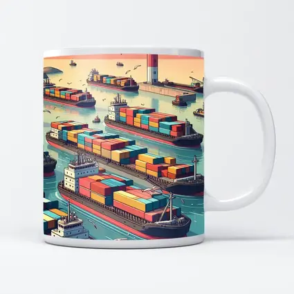 Container Ships Busy Harbor Lighthouse Cartoon Art