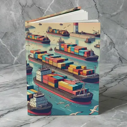 Container Ships Busy Harbor Lighthouse Cartoon Art