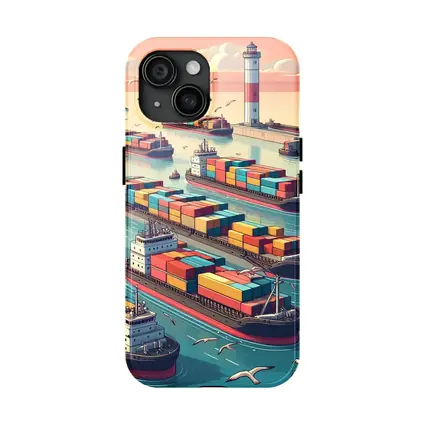 Container Ships Busy Harbor Lighthouse Cartoon Art