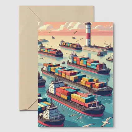 Container Ships Busy Harbor Lighthouse Cartoon Art