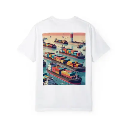 Container Ships Busy Harbor Lighthouse Cartoon Art