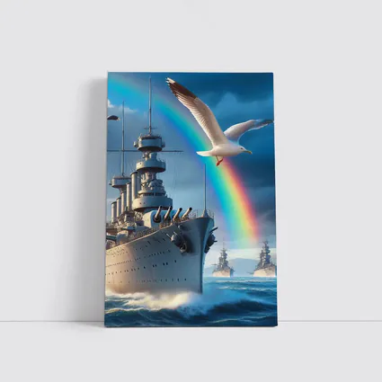 Battleship Fleet Rainbow Seagull Stormy Ocean