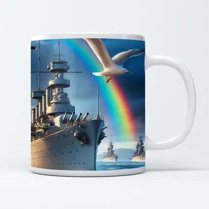 Battleship Fleet Rainbow Seagull Stormy Ocean