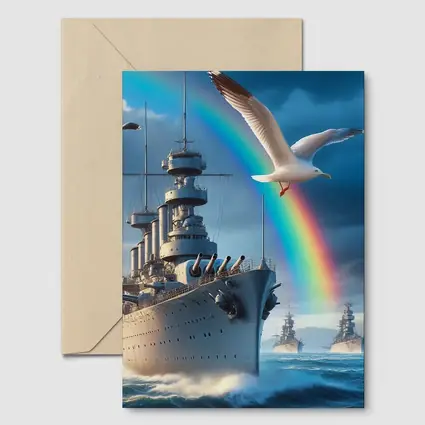 Battleship Fleet Rainbow Seagull Stormy Ocean