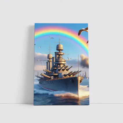 Battleship Sailing Ocean Under Rainbow Sky
