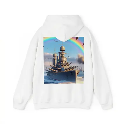 Battleship Sailing Ocean Under Rainbow Sky
