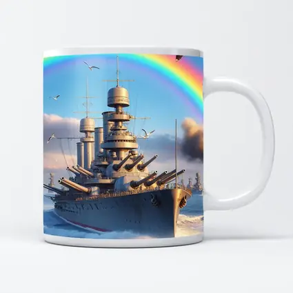 Battleship Sailing Ocean Under Rainbow Sky