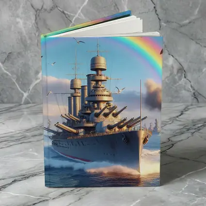 Battleship Sailing Ocean Under Rainbow Sky