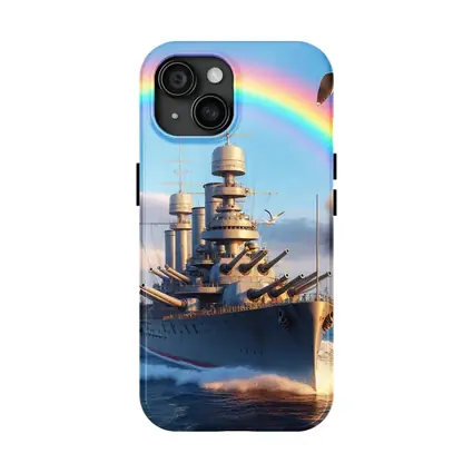 Battleship Sailing Ocean Under Rainbow Sky
