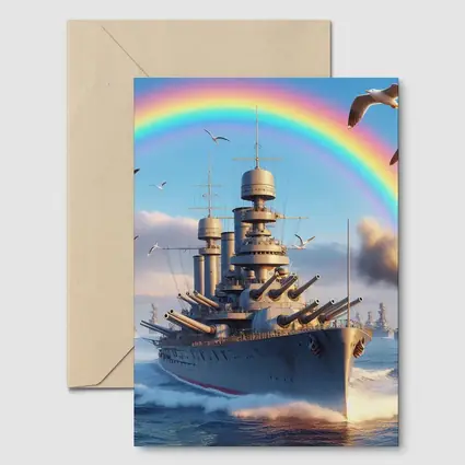Battleship Sailing Ocean Under Rainbow Sky