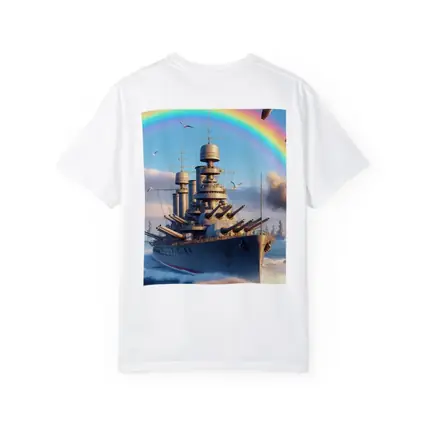 Battleship Sailing Ocean Under Rainbow Sky