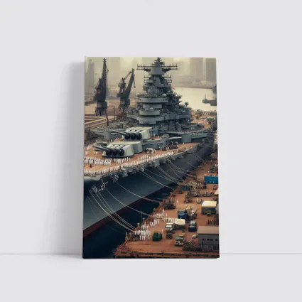 Battleship Docked at Industrial Naval Port
