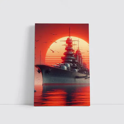 Battleship Warship Red Sunset Ocean Art