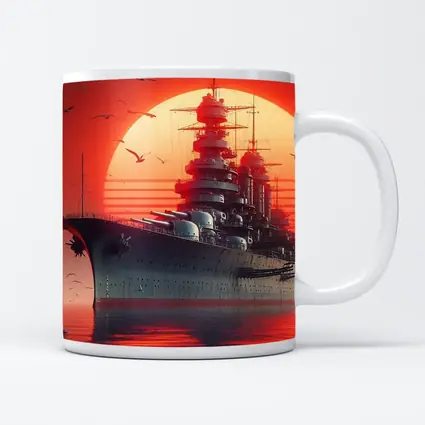 Battleship Warship Red Sunset Ocean Art