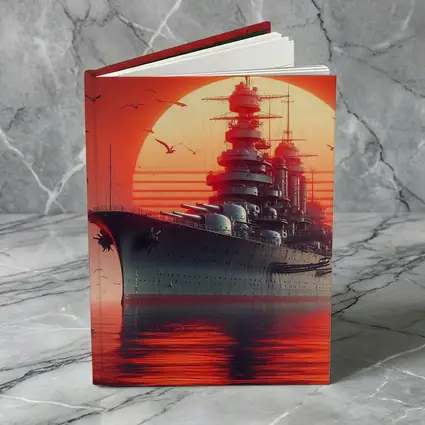 Battleship Warship Red Sunset Ocean Art